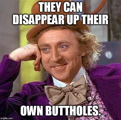 Creepy Condescending Wonka Meme | THEY CAN DISAPPEAR UP THEIR OWN BUTTHOLES. | image tagged in memes,creepy condescending wonka | made w/ Imgflip meme maker