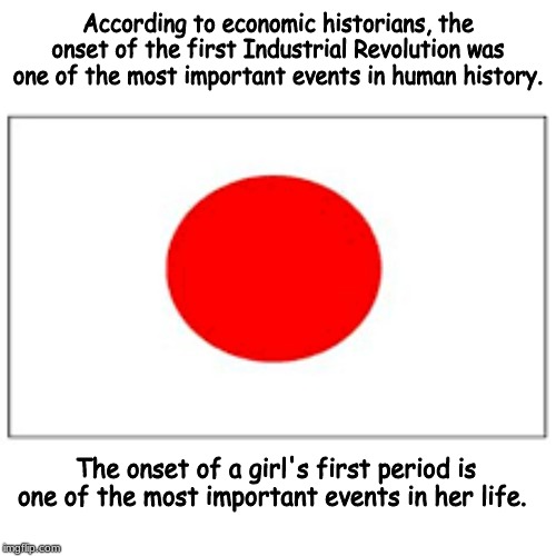 the Japanese flag . . . . | According to economic historians, the onset of the first Industrial Revolution was one of the most important events in human history. The onset of a girl's first period is one of the most important events in her life. | image tagged in memes,japan,flags | made w/ Imgflip meme maker