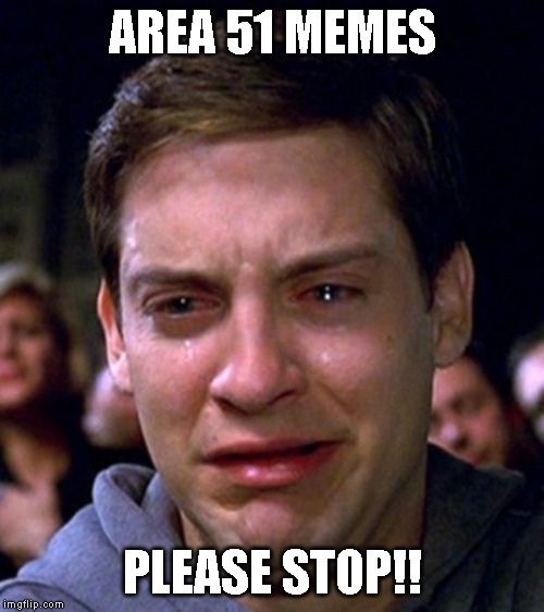 crying peter parker | AREA 51 MEMES; PLEASE STOP!! | image tagged in crying peter parker | made w/ Imgflip meme maker