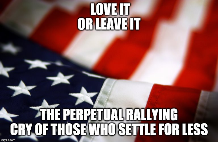AMERICA. Love It or Leave It | LOVE IT OR LEAVE IT; THE PERPETUAL RALLYING CRY OF THOSE WHO SETTLE FOR LESS | image tagged in america love it or leave it | made w/ Imgflip meme maker