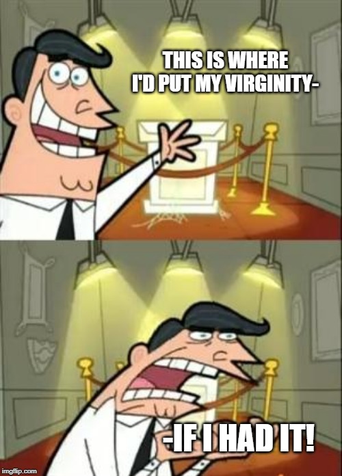 This Is Where I'd Put My Trophy If I Had One | THIS IS WHERE I'D PUT MY VIRGINITY-; -IF I HAD IT! | image tagged in memes,this is where i'd put my trophy if i had one | made w/ Imgflip meme maker