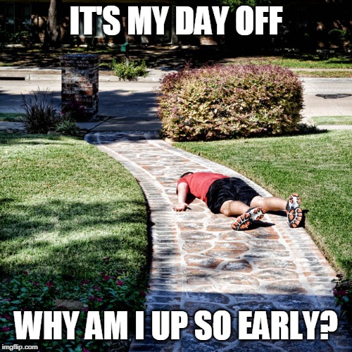 long day yesterday, super tired, wake up even earlier than a work day....stupid brain | IT'S MY DAY OFF; WHY AM I UP SO EARLY? | image tagged in tired | made w/ Imgflip meme maker