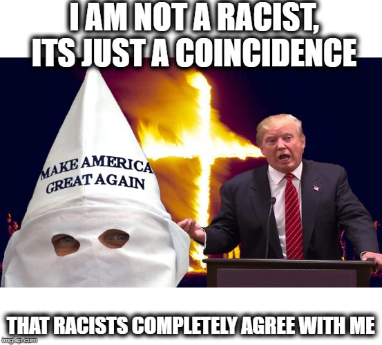Yea, thats the ticket | I AM NOT A RACIST, ITS JUST A COINCIDENCE; THAT RACISTS COMPLETELY AGREE WITH ME | image tagged in memes,maga,impeach trump,racism,idiot | made w/ Imgflip meme maker
