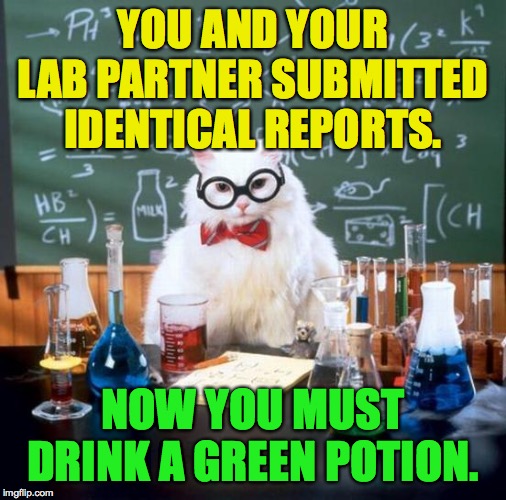 Chemistry Cat Meme | YOU AND YOUR LAB PARTNER SUBMITTED IDENTICAL REPORTS. NOW YOU MUST DRINK A GREEN POTION. | image tagged in memes,chemistry cat | made w/ Imgflip meme maker