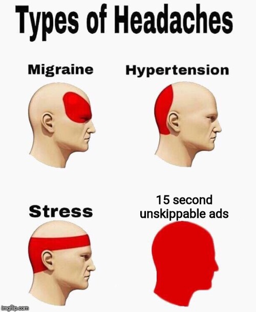 YouTube ads :/ | 15 second unskippable ads | image tagged in types of headaches meme,memes,youtube | made w/ Imgflip meme maker