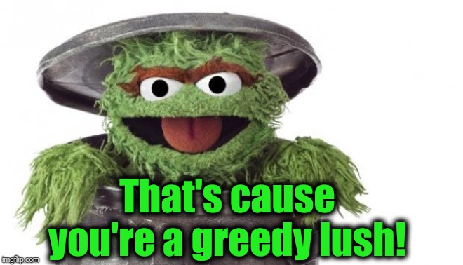 Oscar trashcan Sesame street | That's cause you're a greedy lush! | image tagged in oscar trashcan sesame street | made w/ Imgflip meme maker