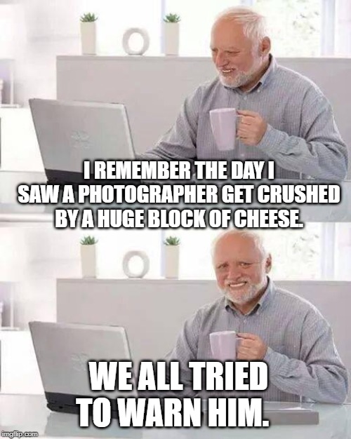 Hide the Pain Harold Meme | I REMEMBER THE DAY I SAW A PHOTOGRAPHER GET CRUSHED BY A HUGE BLOCK OF CHEESE. WE ALL TRIED TO WARN HIM. | image tagged in memes,hide the pain harold | made w/ Imgflip meme maker