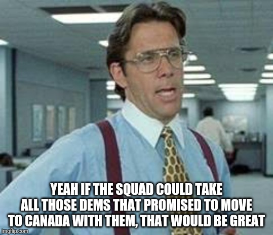 YEAH IF THE SQUAD COULD TAKE ALL THOSE DEMS THAT PROMISED TO MOVE TO CANADA WITH THEM, THAT WOULD BE GREAT | made w/ Imgflip meme maker