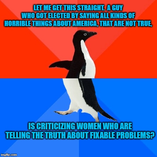 Socially Awesome Awkward Penguin Meme | LET ME GET THIS STRAIGHT.  A GUY WHO GOT ELECTED BY SAYING ALL KINDS OF HORRIBLE THINGS ABOUT AMERICA, THAT ARE NOT TRUE, IS CRITICIZING WOMEN WHO ARE TELLING THE TRUTH ABOUT FIXABLE PROBLEMS? | image tagged in memes,socially awesome awkward penguin | made w/ Imgflip meme maker