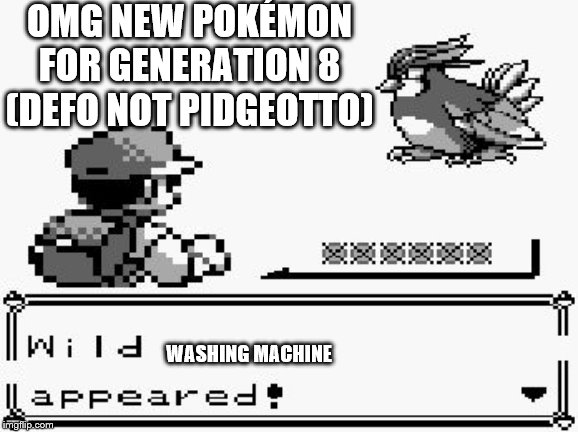 pokemon appears | OMG NEW POKÉMON FOR GENERATION 8 (DEFO NOT PIDGEOTTO); WASHING MACHINE | image tagged in pokemon appears | made w/ Imgflip meme maker