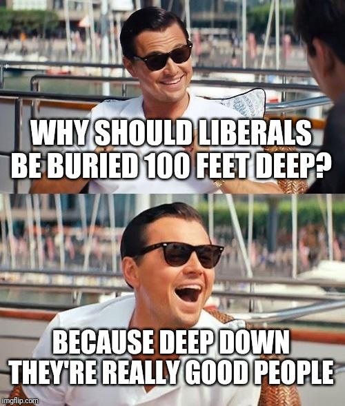 Leonardo Dicaprio Wolf Of Wall Street Meme | WHY SHOULD LIBERALS BE BURIED 100 FEET DEEP? BECAUSE DEEP DOWN THEY'RE REALLY GOOD PEOPLE | image tagged in memes,leonardo dicaprio wolf of wall street | made w/ Imgflip meme maker
