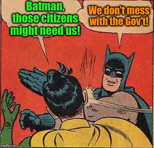 Batman Slapping Robin Meme | Batman, those citizens might need us! We don't mess with the Gov't! | image tagged in memes,batman slapping robin | made w/ Imgflip meme maker