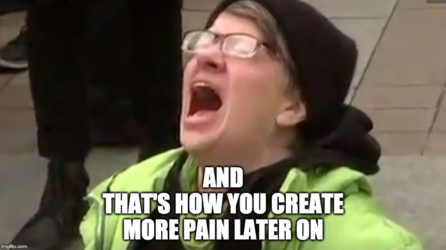 Screaming Liberal  | AND
THAT'S HOW YOU CREATE
MORE PAIN LATER ON | image tagged in screaming liberal | made w/ Imgflip meme maker