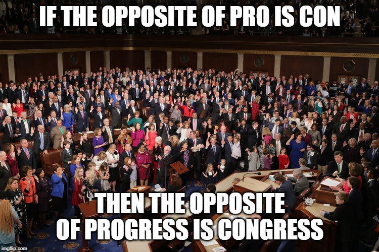 Congress | IF THE OPPOSITE OF PRO IS CON; THEN THE OPPOSITE OF PROGRESS IS CONGRESS | image tagged in political meme | made w/ Imgflip meme maker