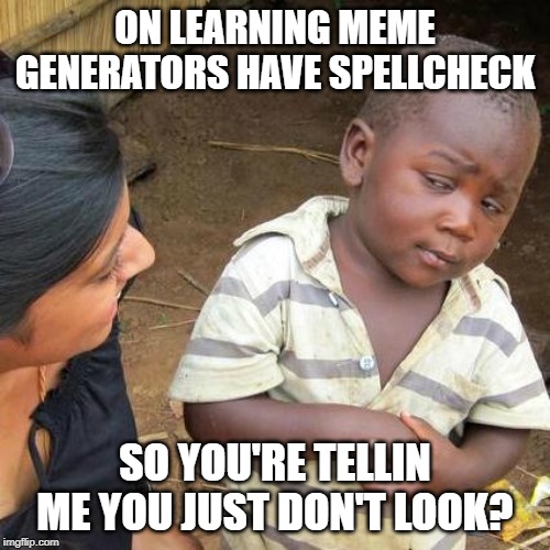 Third World Skeptical Kid | ON LEARNING MEME GENERATORS HAVE SPELLCHECK; SO YOU'RE TELLIN ME YOU JUST DON'T LOOK? | image tagged in memes,third world skeptical kid | made w/ Imgflip meme maker