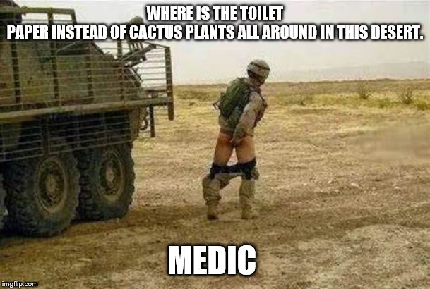 where is the toilet paper | MEDIC; WHERE IS THE TOILET PAPER INSTEAD OF CACTUS PLANTS ALL AROUND IN THIS DESERT. | image tagged in soldier,medic,memes,funny soldier,desert | made w/ Imgflip meme maker