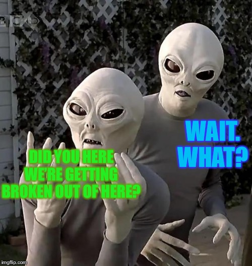 Aliens | DID YOU HERE WE’RE GETTING BROKEN OUT OF HERE? WAIT. WHAT? | image tagged in aliens | made w/ Imgflip meme maker