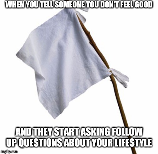 WHITE FLAG |  WHEN YOU TELL SOMEONE YOU DON'T FEEL GOOD; AND THEY START ASKING FOLLOW UP QUESTIONS ABOUT YOUR LIFESTYLE | image tagged in white flag | made w/ Imgflip meme maker