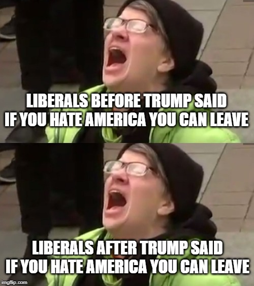 In conservative space, no one can hear you scream. | LIBERALS BEFORE TRUMP SAID IF YOU HATE AMERICA YOU CAN LEAVE; LIBERALS AFTER TRUMP SAID IF YOU HATE AMERICA YOU CAN LEAVE | image tagged in screaming liberal,libtards,liberal logic,keep america great | made w/ Imgflip meme maker