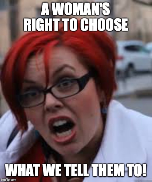 SJW Triggered | A WOMAN'S RIGHT TO CHOOSE WHAT WE TELL THEM TO! | image tagged in sjw triggered | made w/ Imgflip meme maker