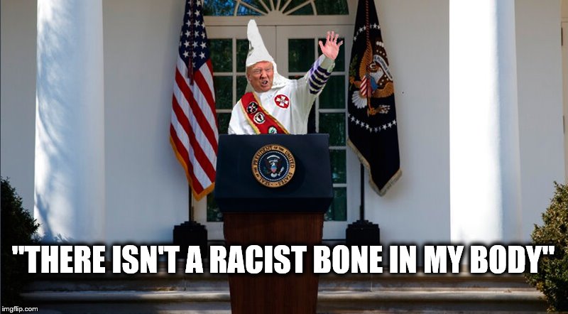 Right...... | "THERE ISN'T A RACIST BONE IN MY BODY" | image tagged in donald trump,racism,turd,impeach trump,racist | made w/ Imgflip meme maker