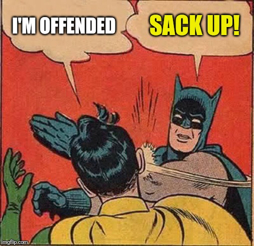 Batman Slapping Robin Meme | I'M OFFENDED; SACK UP! | image tagged in memes,batman slapping robin | made w/ Imgflip meme maker