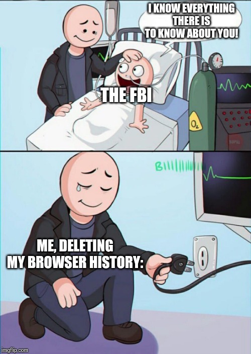 If you need me, I'll be off in my lead bunker | I KNOW EVERYTHING THERE IS TO KNOW ABOUT YOU! THE FBI; ME, DELETING MY BROWSER HISTORY: | image tagged in pull the plug 1,funny,fbi,browser history | made w/ Imgflip meme maker