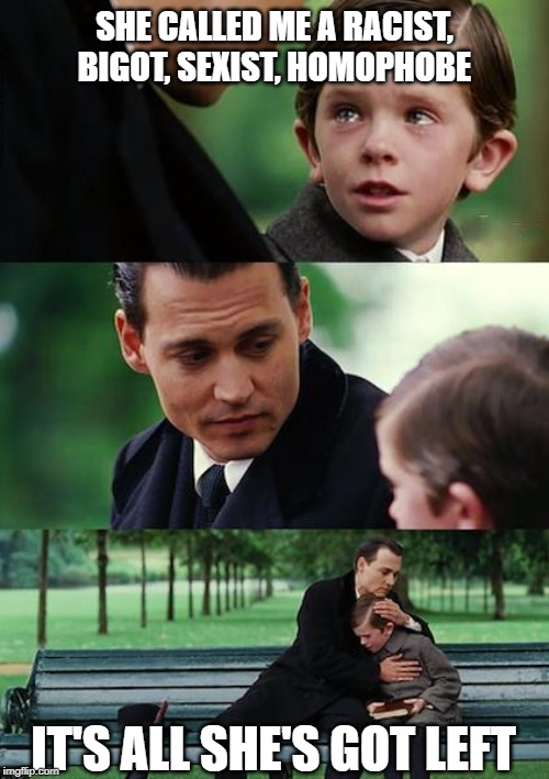 Finding Neverland | SHE CALLED ME A RACIST, BIGOT, SEXIST, HOMOPHOBE; IT'S ALL SHE'S GOT LEFT | image tagged in memes,finding neverland | made w/ Imgflip meme maker