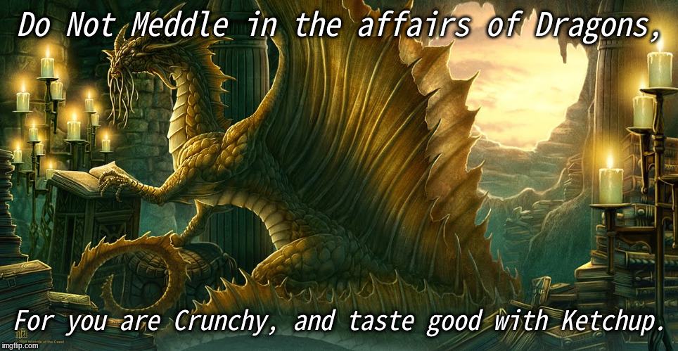 Do Not Meddle in the affairs of Dragons, For you are Crunchy, and taste good with Ketchup. | image tagged in dragon | made w/ Imgflip meme maker