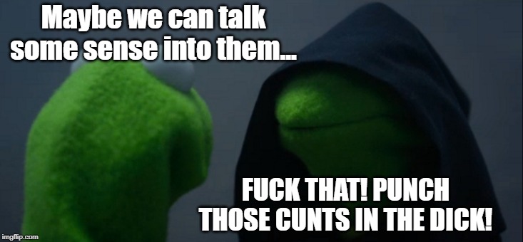 Time for the kid gloves to come off. | Maybe we can talk some sense into them... F**K THAT! PUNCH THOSE C**TS IN THE DICK! | image tagged in memes,evil kermit | made w/ Imgflip meme maker