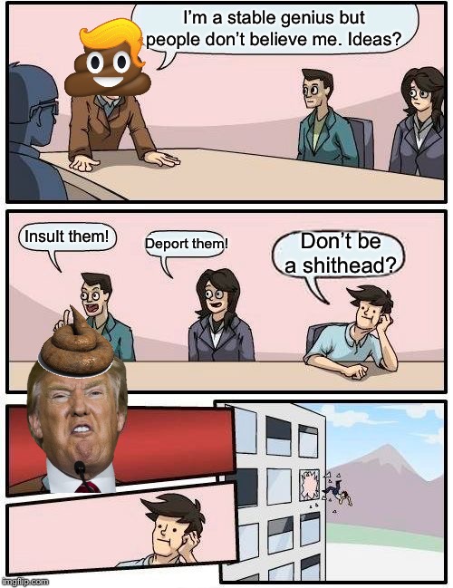 Boardroom Meeting Suggestion | I’m a stable genius but people don’t believe me. Ideas? Insult them! Deport them! Don’t be a shithead? | image tagged in memes,boardroom meeting suggestion | made w/ Imgflip meme maker