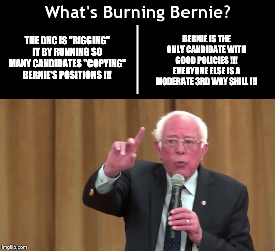 And here I thought Democrats have been pushing min wage increase and socialized medicine expansion for the last century .. | BERNIE IS THE ONLY CANDIDATE WITH GOOD POLICIES !!! EVERYONE ELSE IS A MODERATE 3RD WAY SHILL !!! THE DNC IS "RIGGING" IT BY RUNNING SO MANY CANDIDATES "COPYING" BERNIE'S POSITIONS !!! | image tagged in what's burning bernie | made w/ Imgflip meme maker