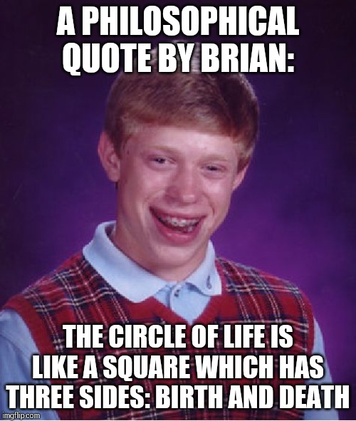 Bad Luck Brian Meme | A PHILOSOPHICAL QUOTE BY BRIAN:; THE CIRCLE OF LIFE IS LIKE A SQUARE WHICH HAS THREE SIDES: BIRTH AND DEATH | image tagged in memes,bad luck brian | made w/ Imgflip meme maker