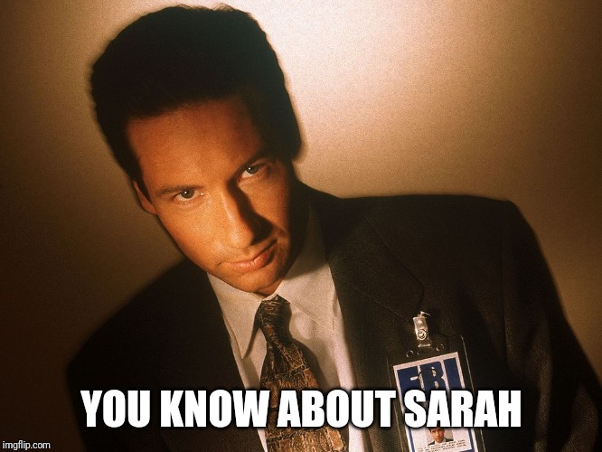 fox mulder  | YOU KNOW ABOUT SARAH | image tagged in fox mulder | made w/ Imgflip meme maker