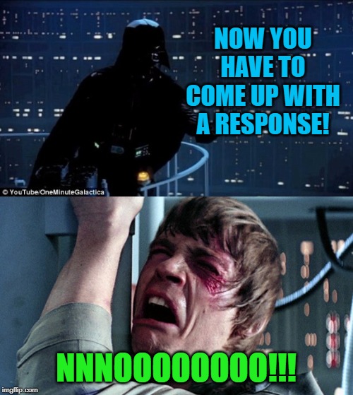 darth vader luke skywalker | NOW YOU HAVE TO COME UP WITH A RESPONSE! NNNOOOOOOOO!!! | image tagged in darth vader luke skywalker | made w/ Imgflip meme maker