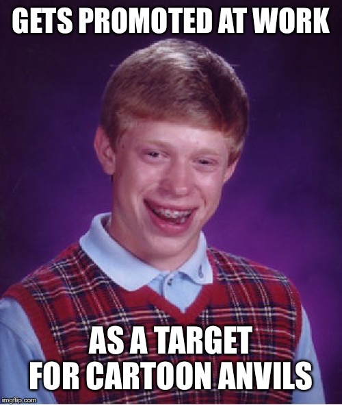 Bad Luck Brian Meme | GETS PROMOTED AT WORK; AS A TARGET FOR CARTOON ANVILS | image tagged in memes,bad luck brian | made w/ Imgflip meme maker