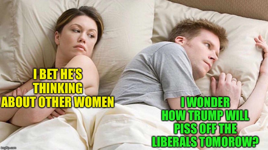 Hehe | I BET HE’S THINKING ABOUT OTHER WOMEN; I WONDER HOW TRUMP WILL PISS OFF THE LIBERALS TOMOROW? | image tagged in i bet he's thinking about other women,maga | made w/ Imgflip meme maker