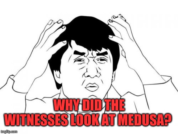 Jackie Chan WTF Meme | WHY DID THE WITNESSES LOOK AT MEDUSA? | image tagged in memes,jackie chan wtf | made w/ Imgflip meme maker