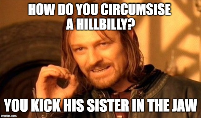One Does Not Simply | HOW DO YOU CIRCUMSISE 
A HILLBILLY? YOU KICK HIS SISTER IN THE JAW | image tagged in memes,one does not simply | made w/ Imgflip meme maker
