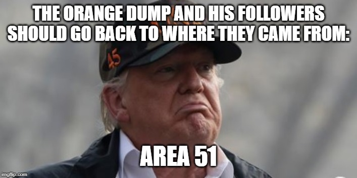 area 51 | THE ORANGE DUMP AND HIS FOLLOWERS SHOULD GO BACK TO WHERE THEY CAME FROM:; AREA 51 | image tagged in area 51 | made w/ Imgflip meme maker