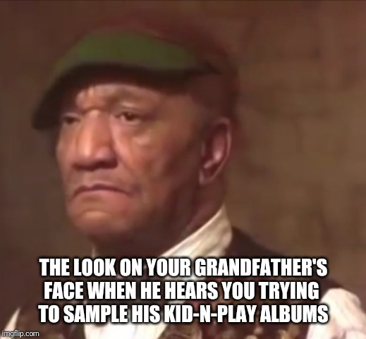 Snake Eye Wilson | THE LOOK ON YOUR GRANDFATHER'S FACE WHEN HE HEARS YOU TRYING 
TO SAMPLE HIS KID-N-PLAY ALBUMS | image tagged in snake eye wilson | made w/ Imgflip meme maker