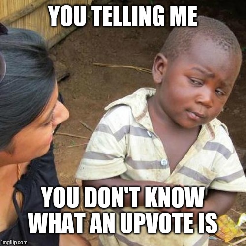 Invade you didn't know it's the button with the up arrow on it | YOU TELLING ME; YOU DON'T KNOW WHAT AN UPVOTE IS | image tagged in memes,third world skeptical kid | made w/ Imgflip meme maker
