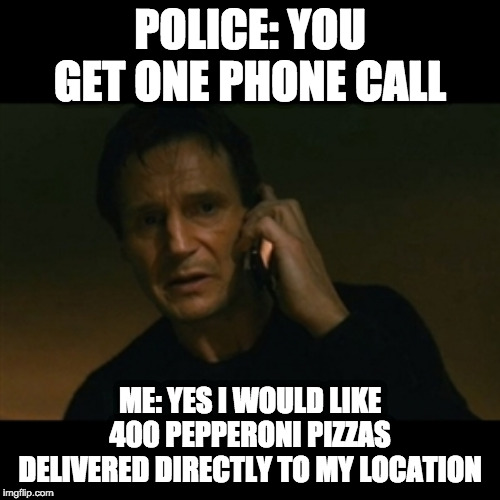 Liam Neeson Taken Meme | POLICE: YOU GET ONE PHONE CALL; ME: YES I WOULD LIKE 400 PEPPERONI PIZZAS DELIVERED DIRECTLY TO MY LOCATION | image tagged in memes,liam neeson taken | made w/ Imgflip meme maker