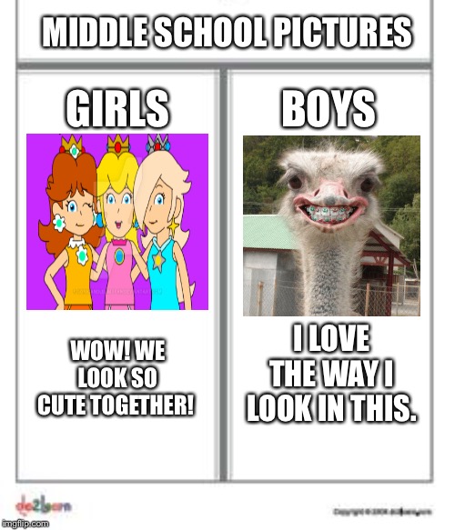 Middle school pictures in a nutshell: | MIDDLE SCHOOL PICTURES; GIRLS; BOYS; WOW! WE LOOK SO CUTE TOGETHER! I LOVE THE WAY I LOOK IN THIS. | image tagged in middle school,pictures,memes | made w/ Imgflip meme maker