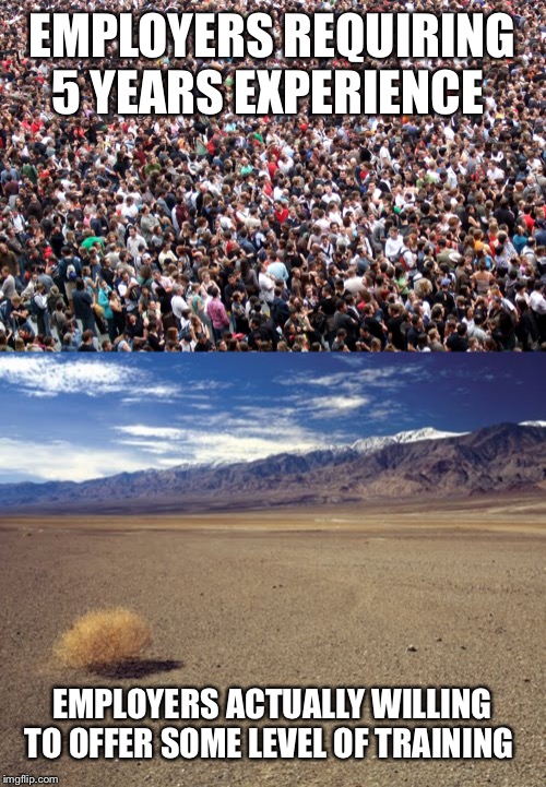 EMPLOYERS REQUIRING 5 YEARS EXPERIENCE EMPLOYERS ACTUALLY WILLING TO OFFER SOME LEVEL OF TRAINING | image tagged in crowd of people,desert tumbleweed | made w/ Imgflip meme maker