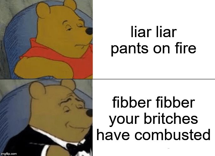 Tuxedo Winnie The Pooh Meme | liar liar pants on fire; fibber fibber your britches have combusted | image tagged in memes,tuxedo winnie the pooh | made w/ Imgflip meme maker