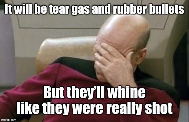 Captain Picard Facepalm Meme | It will be tear gas and rubber bullets But they’ll whine like they were really shot | image tagged in memes,captain picard facepalm | made w/ Imgflip meme maker