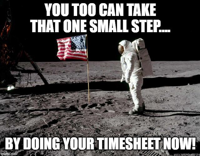 Moon landing timesheet reminder | YOU TOO CAN TAKE THAT ONE SMALL STEP.... BY DOING YOUR TIMESHEET NOW! | image tagged in moon landing timesheet reminder,timesheet reminder,timesheet meme,moon landing | made w/ Imgflip meme maker