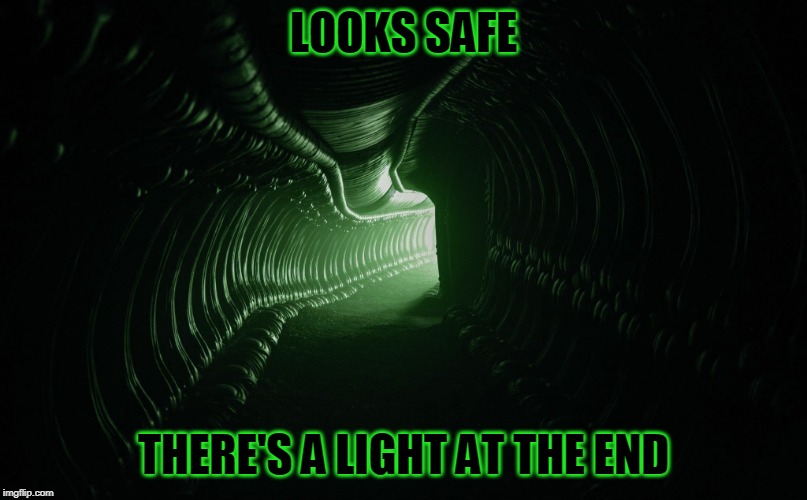Alien hallway | LOOKS SAFE; THERE'S A LIGHT AT THE END | image tagged in alien hallway | made w/ Imgflip meme maker