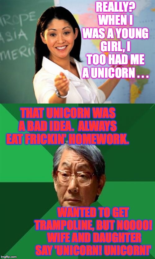 REALLY? WHEN I WAS A YOUNG GIRL, I TOO HAD ME A UNICORN . . . THAT UNICORN WAS A BAD IDEA.  ALWAYS EAT FRICKIN' HOMEWORK. WANTED TO GET TRAM | image tagged in memes,high expectations asian father,unhelpful high school teacher | made w/ Imgflip meme maker